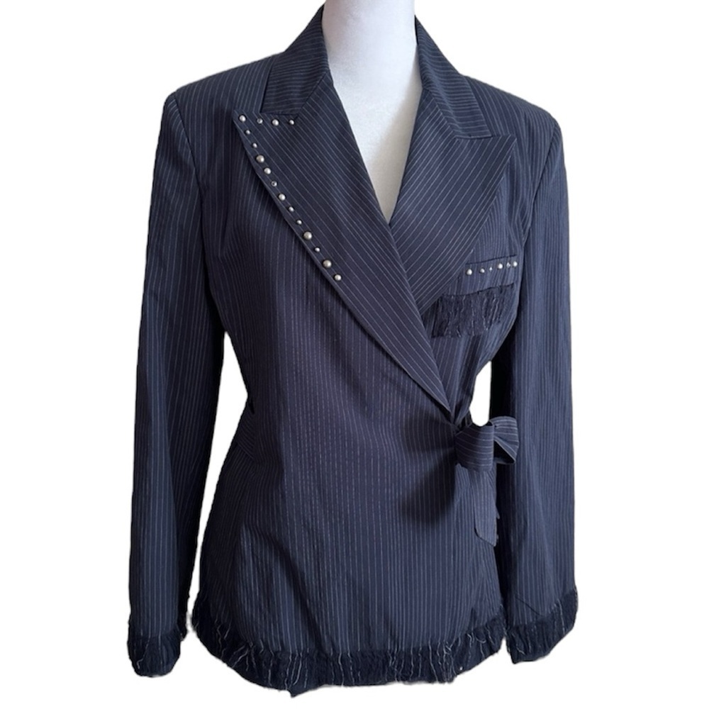 AGLINI Pinstripe 100% COTTON Studded Fringe Wrap Tie Blazer Blue White Sz. 42 M